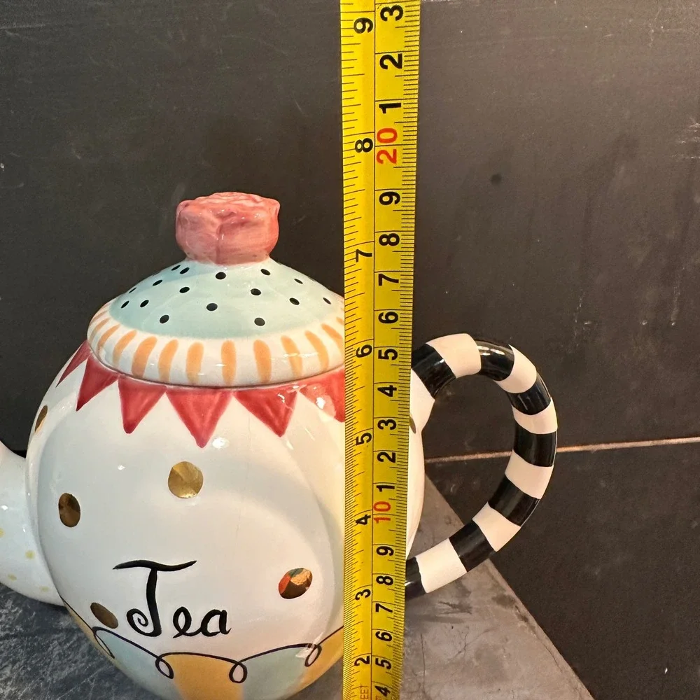 Whimsical Teapot Mug Set Harlequin Polka Dot Striped MacKenzie Childs Style Tea